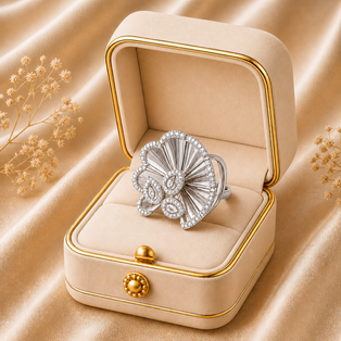 DESIGNER RING PEAR DROP SHAPE CUT 3 PEAR ROSE COLLECTION Silver